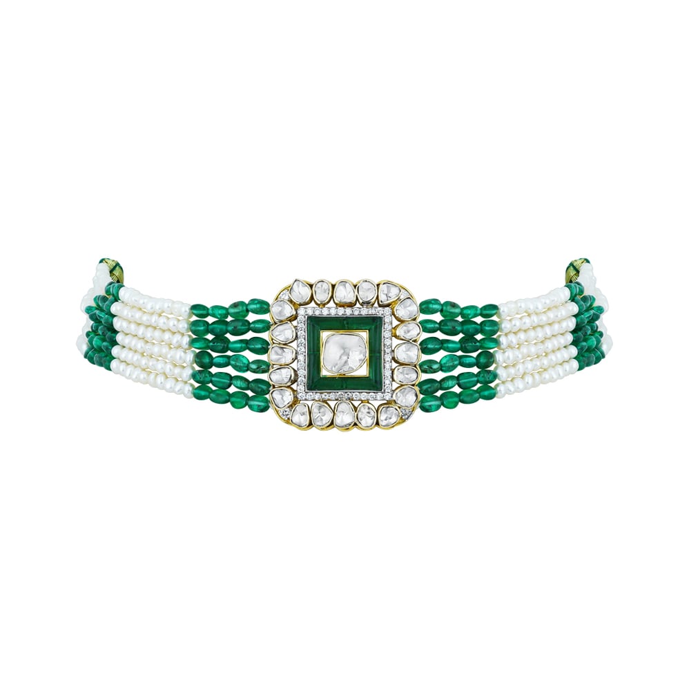 Polki Choker with Green Talaf, Emerald and Pearl Strands